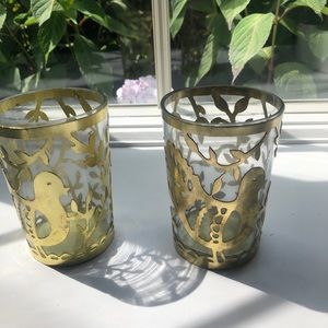 Anthropologie 2 gold and glass candle holders.